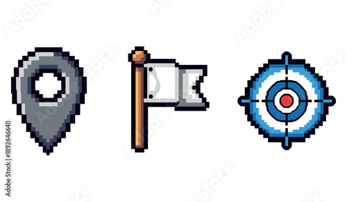 Pixel art icons featuring map marker, flag, and target symbol