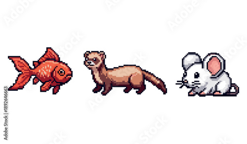 Pixel art creatures: goldfish, ferret, and mouse on white background