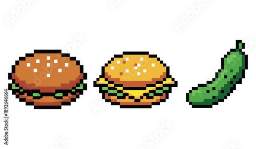 Pixel art: hamburger and cheeseburger with pickle
