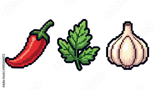 Pixel art chili pepper parsley leaf garlic clove on white background