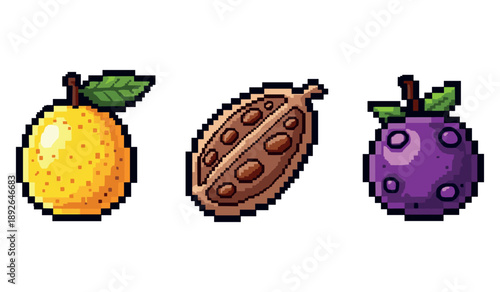 Pixel art fruits: lemon, cocoa bean, and purple berry