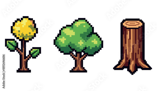 Pixel art tree evolution: sapling, mature tree, stump