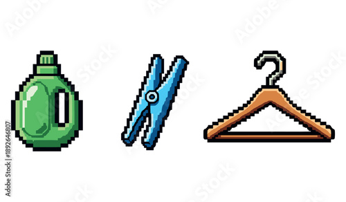 Pixel art laundry items: detergent, clothespin, and hanger