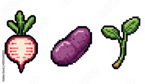 Pixel art vegetables: radish, eggplant, and sprout on white background