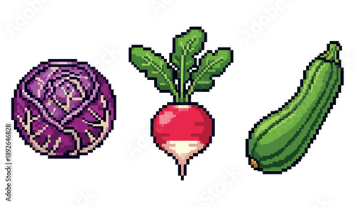 Pixel art vegetables: purple cabbage, radish, zucchini