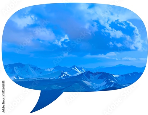 Mountain range landscape with blue sky and clouds in a speech bubble.