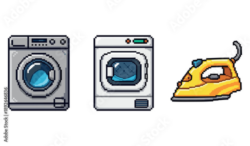 Pixel art of washing machine, dryer, and iron with blue and yellow accents