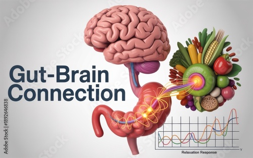 Visual representation of the gut-brain connection showing the digestive system and brain interaction with various food elements and a graph