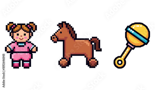 Pixel art toys: doll, horse, and rattle for children’s play