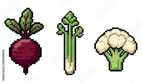 Retro pixel art vegetables: beetroot, celery, and cauliflower