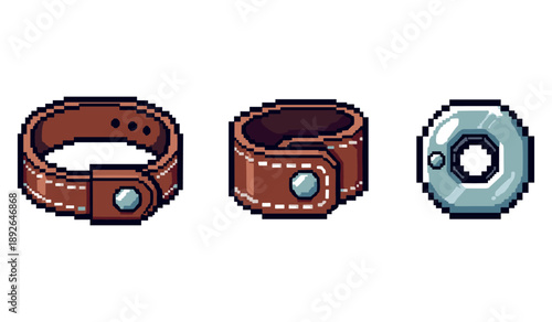 Pixel art leather bracelets and metal bolt on white background