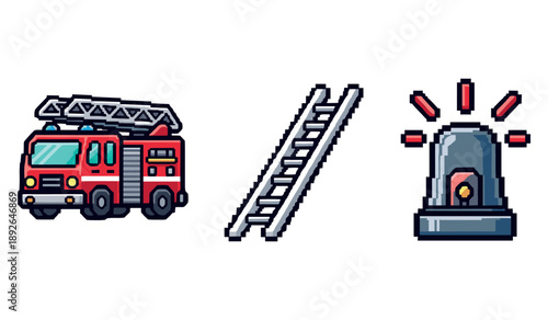 Fire truck, ladder, and siren icons in pixel art style