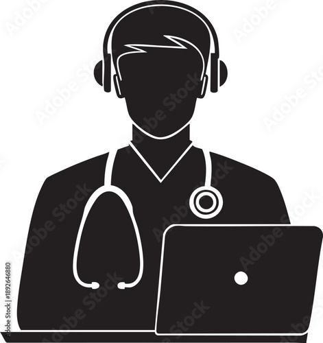Telemedicine Silhouette with Laptop, Headset, and Stethoscope in Digital Healthcare Setting