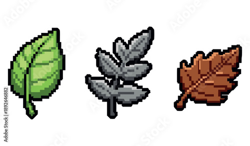 Pixel art leaves: green, gray, and brown designs on white background