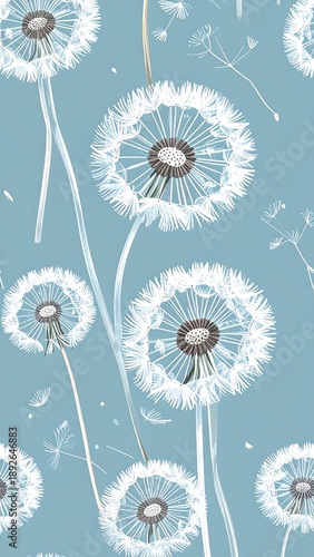 Dandelion Seed Heads on Blue Background - A Delicate Floral Pattern.