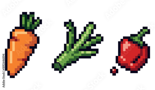 Pixel art vegetables: carrot, scallion, and red bell pepper on white background
