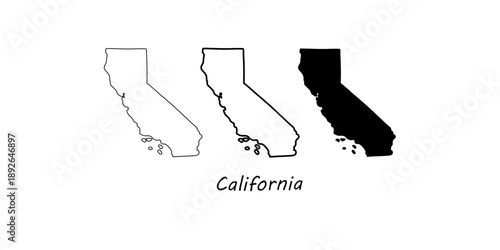 Minimalist vector illustration of California state map in three styles: outline, stroke, and solid fill, with "California" text label, monochromatic design.