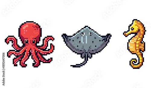 Pixel art marine life: octopus, stingray, and seahorse in vibrant colors