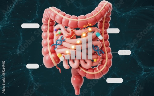 Digital illustration of the human digestive system with glowing elements against a dark background