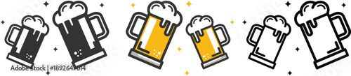 Beer mug icon set. Alcoholic beverage menu collection. Labeled visualization with various glasses styles for lager, pilsner, ale, dunkel and porter drinks.
