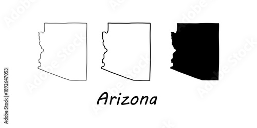 Minimalist vector illustration of Arizona state map in three styles: outline, stroke, and solid fill, with "Arizona" text label, monochromatic design.