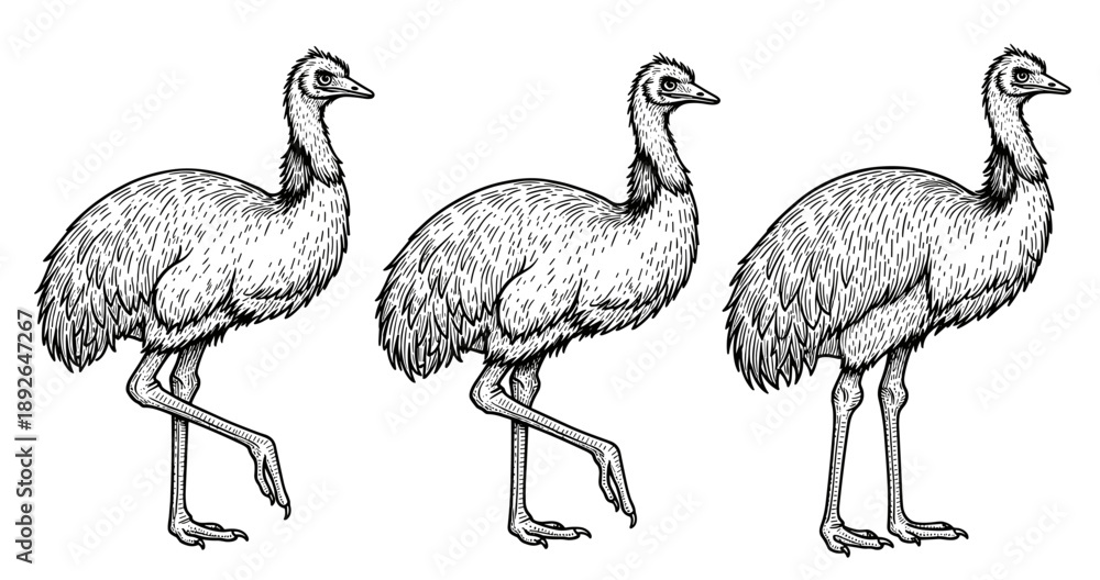 Obraz premium Black and white ink illustrations of three emus in different poses