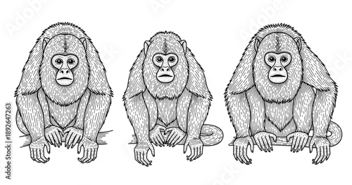 Trio of detailed monkeys: intricate black and white line art of three primates