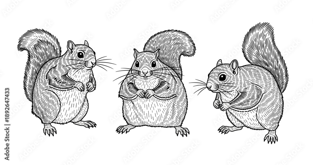 Fototapeta premium Detailed black and white illustration of three squirrels with bushy tails