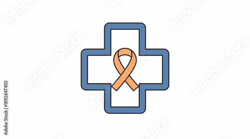 A blue cross symbol with an orange ribbon centered, representing awareness for cancer day, in a simple graphic illustration style.
