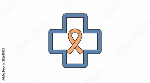 A symbolic orange ribbon tied in a bow is centered within a blue medical cross, representing cancer awareness, vector illustration