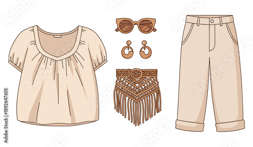 Casual boho women's outfit with top, pants, sunglasses, earrings, and belt