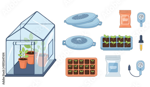 Indoor greenhouse kit with seedlings and gardening tools for home cultivation
