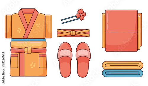 Traditional japanese kimono and accessories with slippers and hair sticks