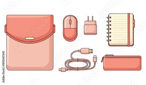 Pastel pink tech accessories and stationery set with mouse and notebook