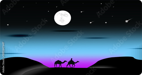 Vector isra' mi'raj Islamic background with moon in bright light.