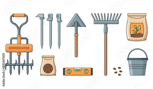 Assorted gardening tools and supplies illustrations
