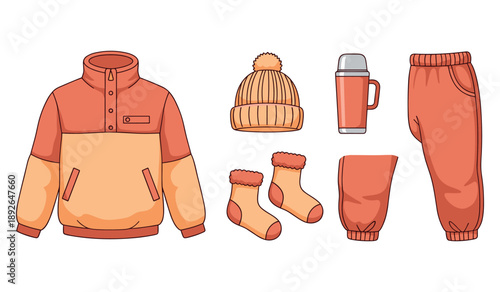 Winter apparel and accessories set featuring jacket, hat, socks, thermos, and pants