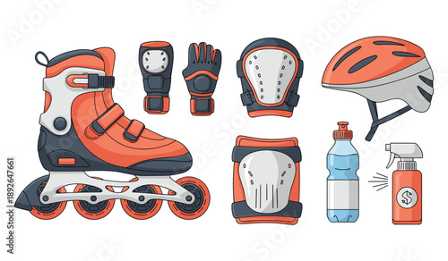 Rollerblading gear set with helmet, pads, and accessories