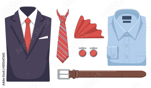 Men's formal attire set: suit, tie, shirt, cufflinks, and accessories