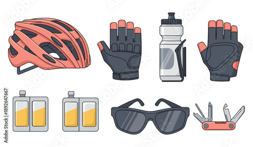 Cycling gear collection: helmet, gloves, water bottle, sunglasses, tool kit, and energy gel