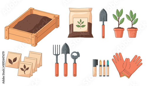 Gardening tools and supplies with seedlings and soil in a wooden box