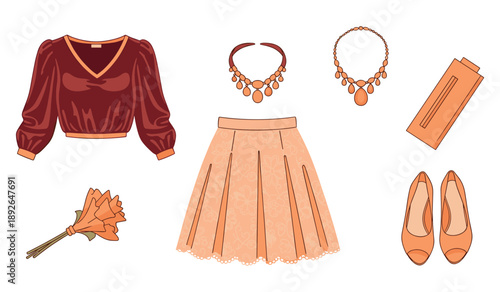 Trendy women's outfit with accessories: blouse, skirt, necklace, and heels