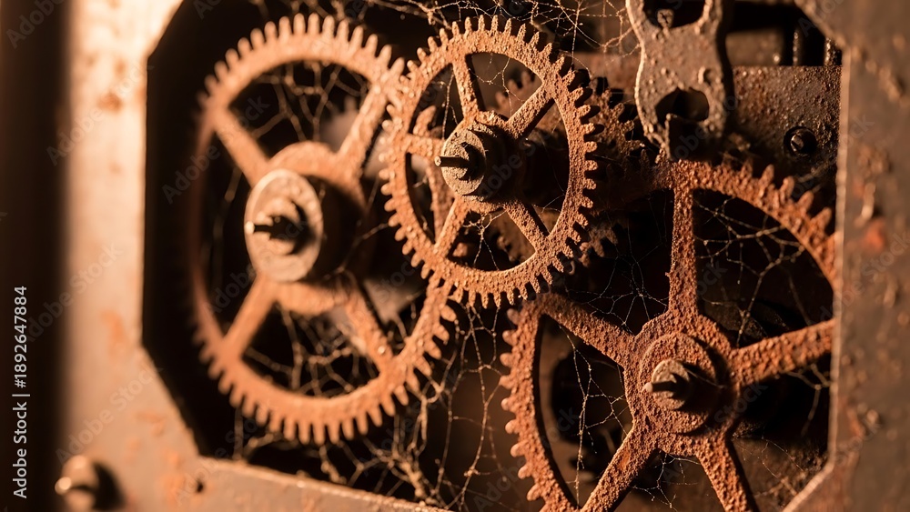Fototapeta premium Rusty old clockwork gear mechanism closeup.