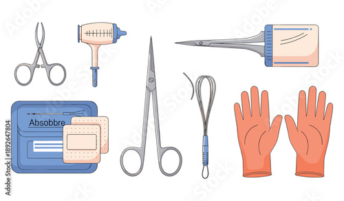 Surgical tools and medical equipment set with scissors, syringe, gloves, sutures, and bandages