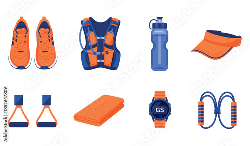 Running gear essentials: shoes, hydration pack, water bottle, visor, towel, watch, jump rope