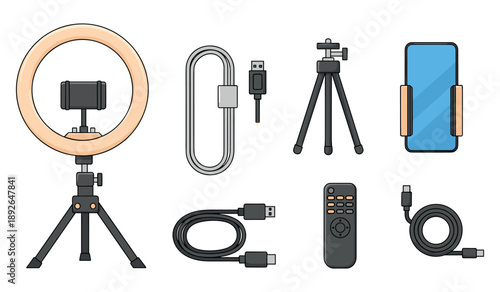 Ring light, phone holder, tripod, remote, charging cables for content creation