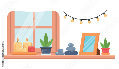 Cozy windowsill with candles, plants, and picture frame in calm interior