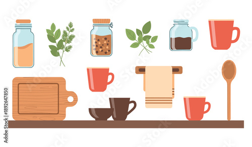 Kitchen items and herbs arrangement with jars and mugs on shelf