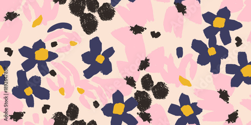 Abstract floral pattern background in vector style with hand-painted flowers and expressive brush strokes. Seamless modern flower print, perfect for textile design, wallpapers, fashion and branding