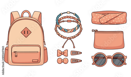 Trendy accessories set with backpack, bracelets, headband, hair clips, and sunglasses